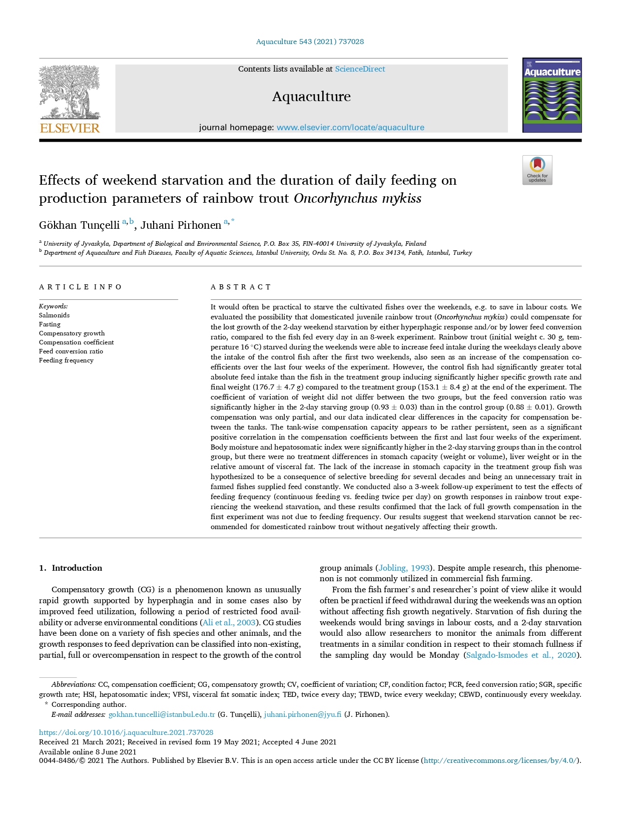 First page of the Aquaculture article on weekend starvation and daily feeding duration in rainbow trout