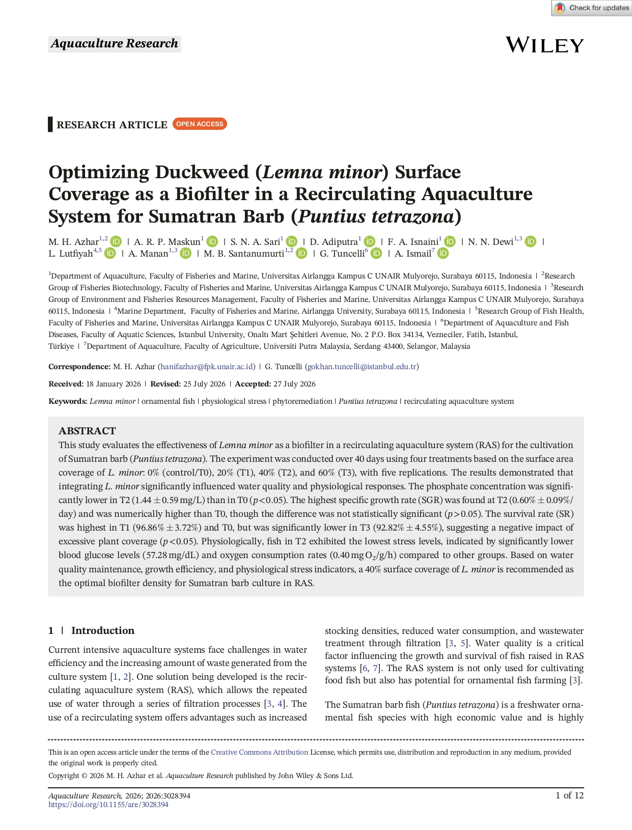 First page of the Aquaculture Research article on Lemna minor as a biofilter in recirculating aquaculture systems