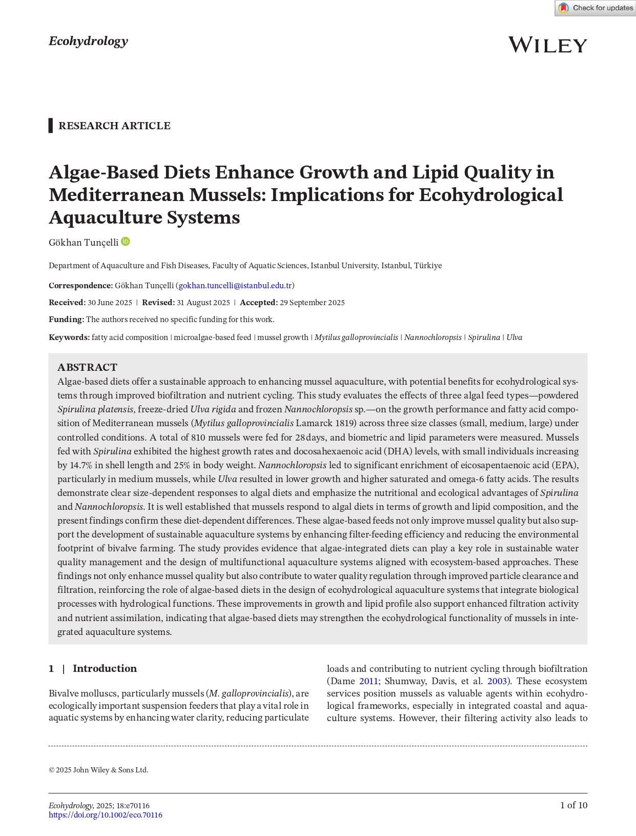 First page of the Ecohydrology article on algae-based diets and Mediterranean mussels