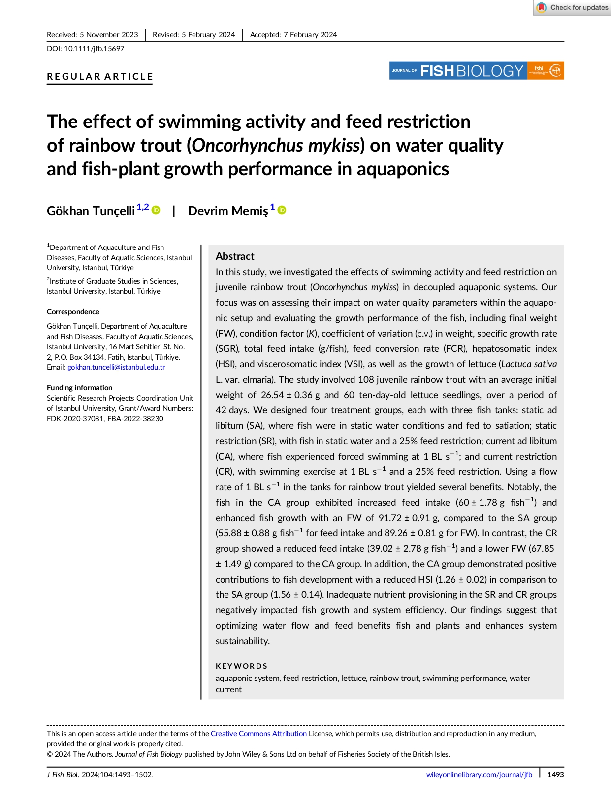 First page of the Journal of Fish Biology article on swimming activity, feed restriction and aquaponics