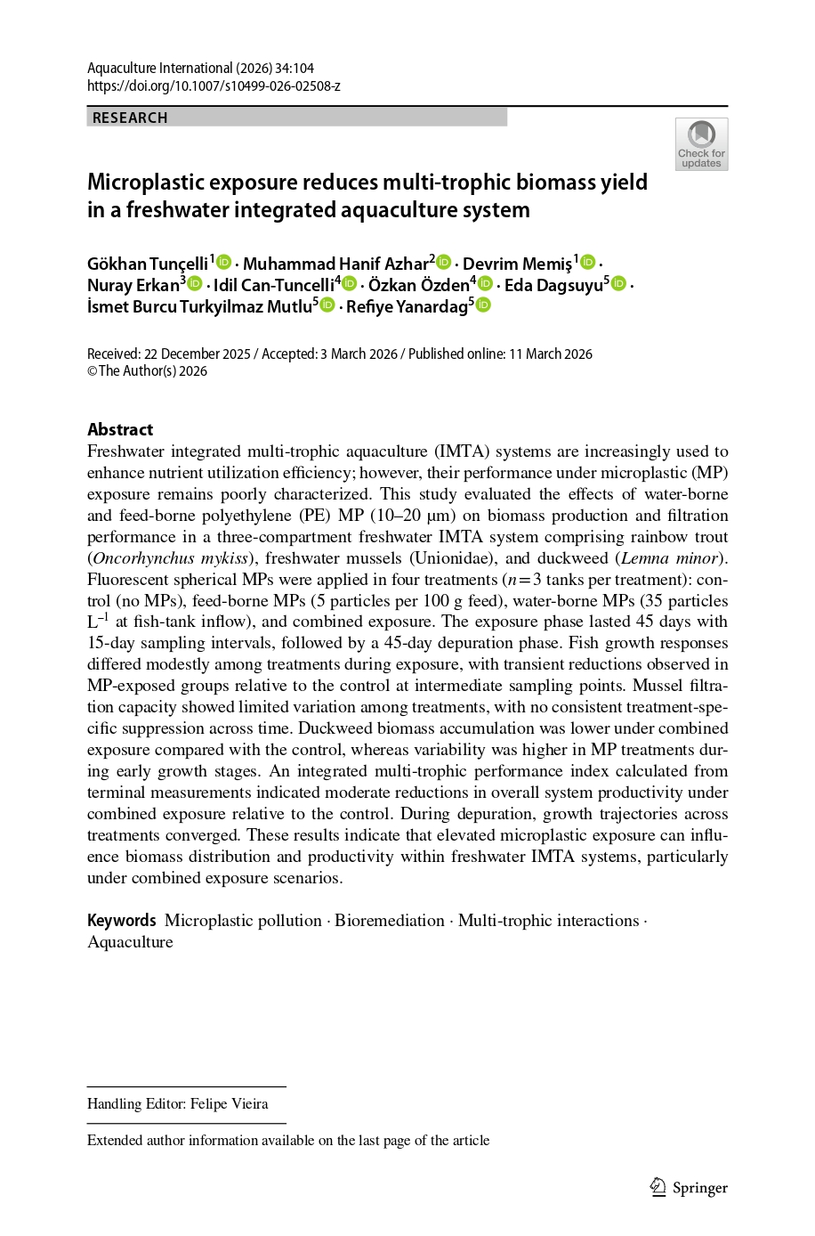First page of the Aquaculture International article on microplastic exposure and biomass yield