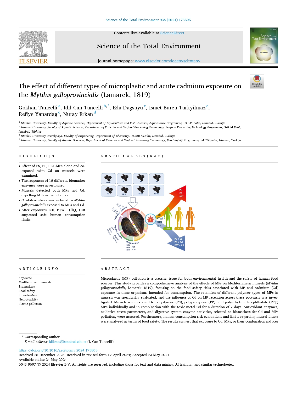 First page of the Science of the Total Environment article on microplastic and cadmium exposure in mussels