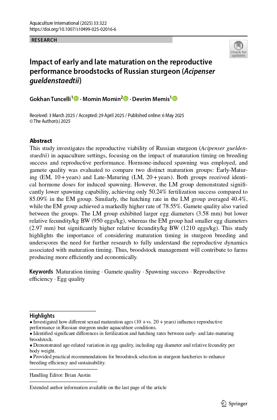 First page of the Aquaculture International article on Russian sturgeon broodstock maturation